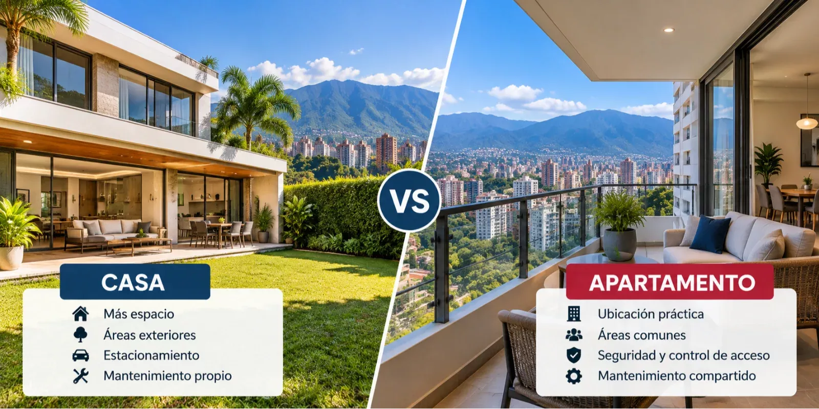 Comparación entre casa y apartamento en Caracas según espacio, mantenimiento y acceso