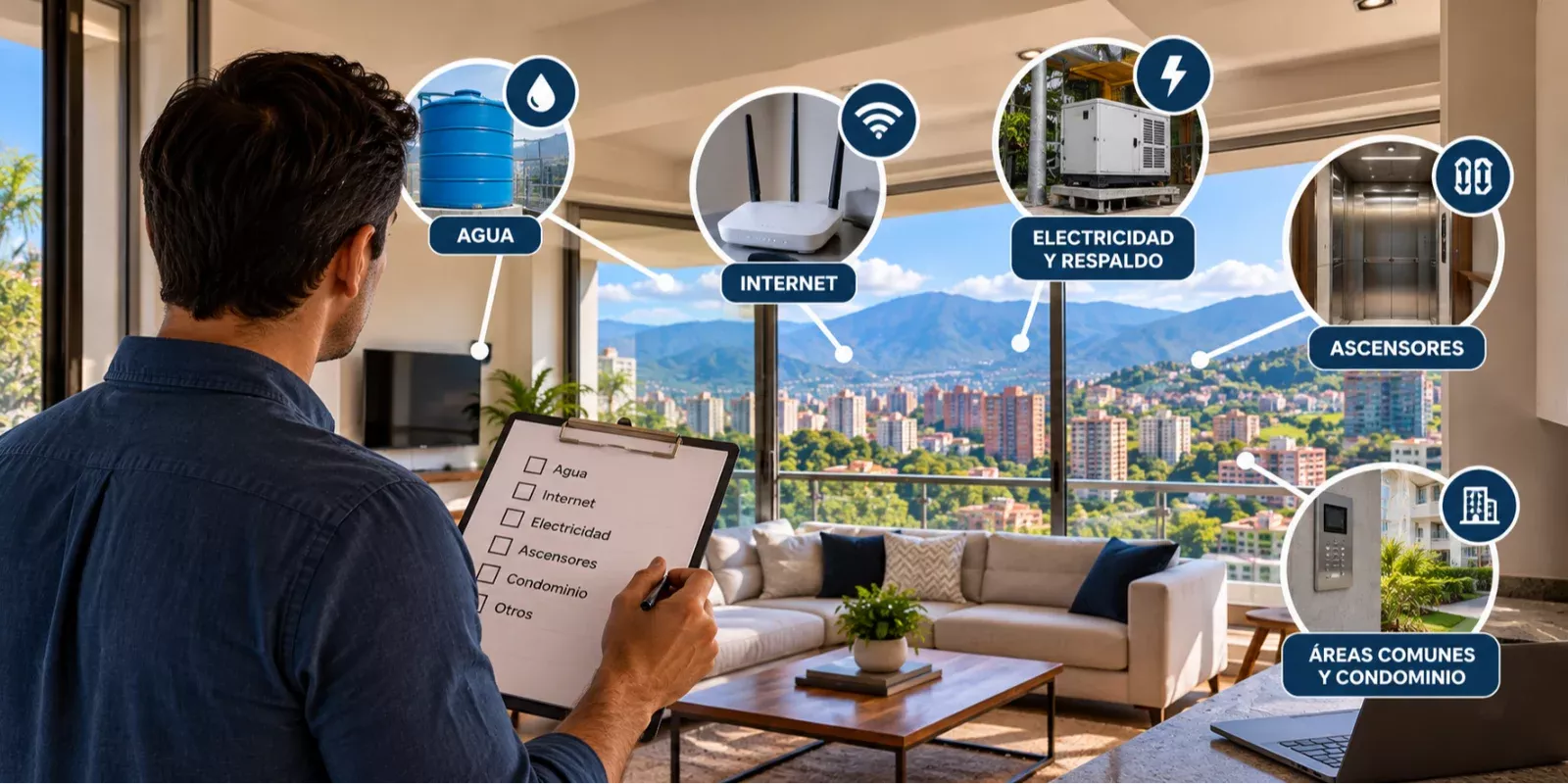 Lista para comprobar agua, Internet, electricidad y servicios durante la visita a un apartamento en Caracas