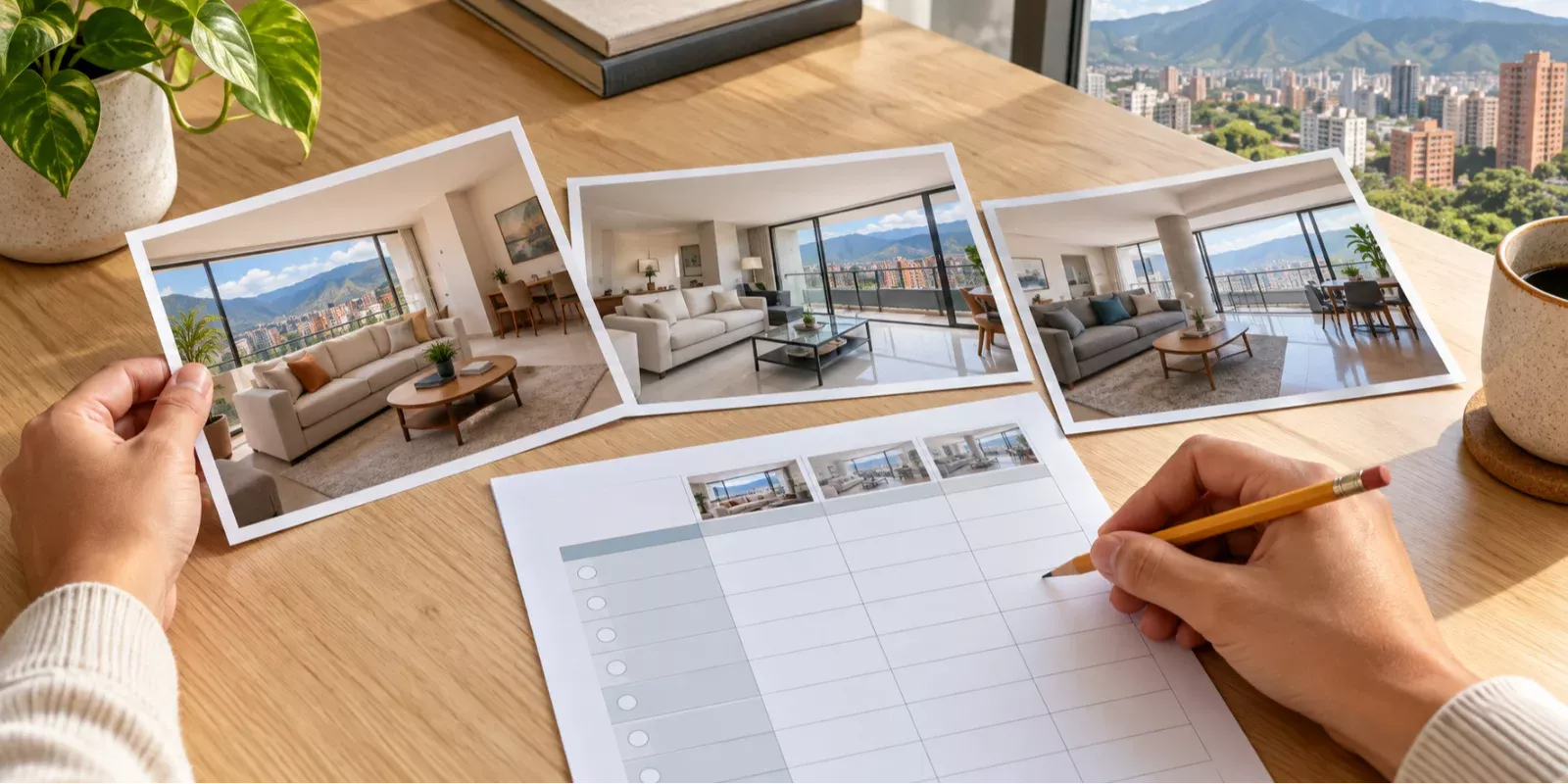 Mesa de análisis inmobiliario con documentos y vista urbana de Caracas al fondo