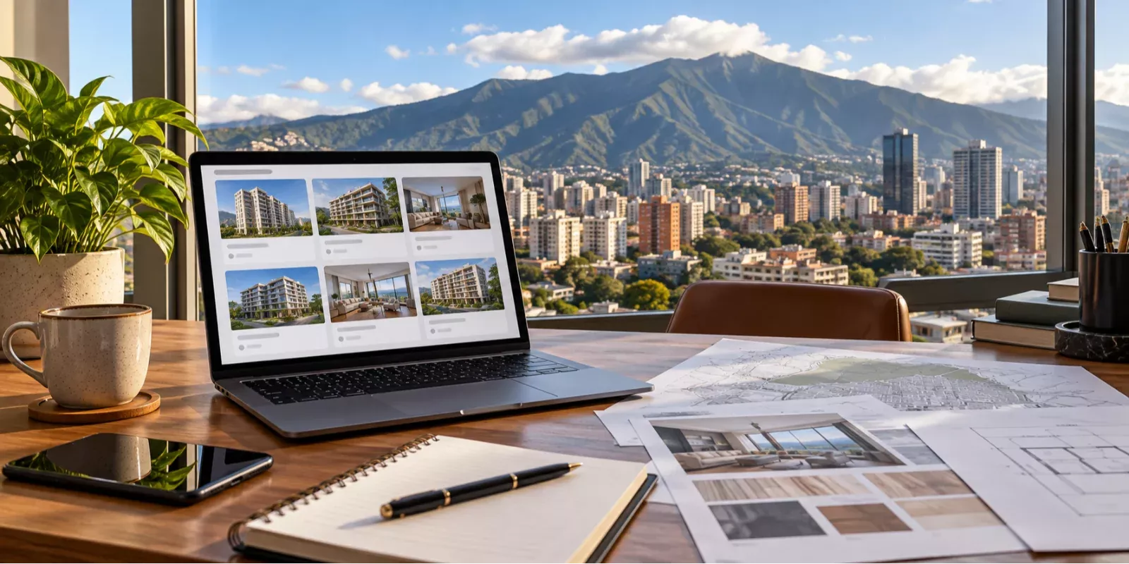 Fotografías ilustrativas de apartamentos junto a una hoja de comparación inmobiliaria