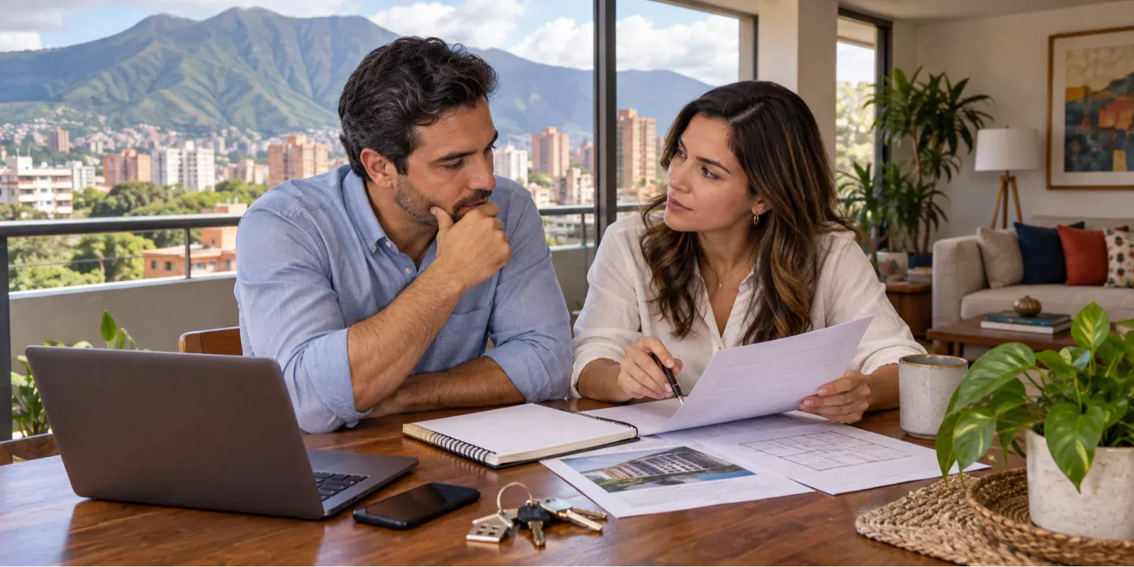 Pareja revisando documentos y llaves para decidir entre comprar o alquilar una vivienda