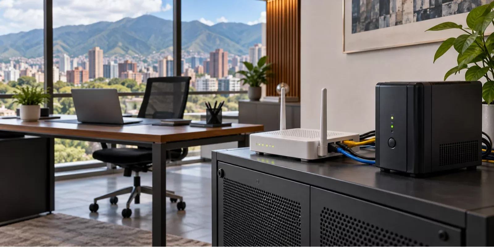 Router y equipo de respaldo eléctrico en una oficina ilustrativa con instalaciones ordenadas.