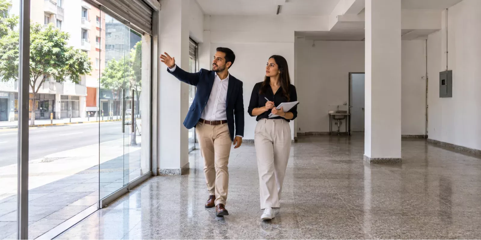 Asesor y emprendedora revisando el acceso y la distribución de un local comercial ilustrativo.