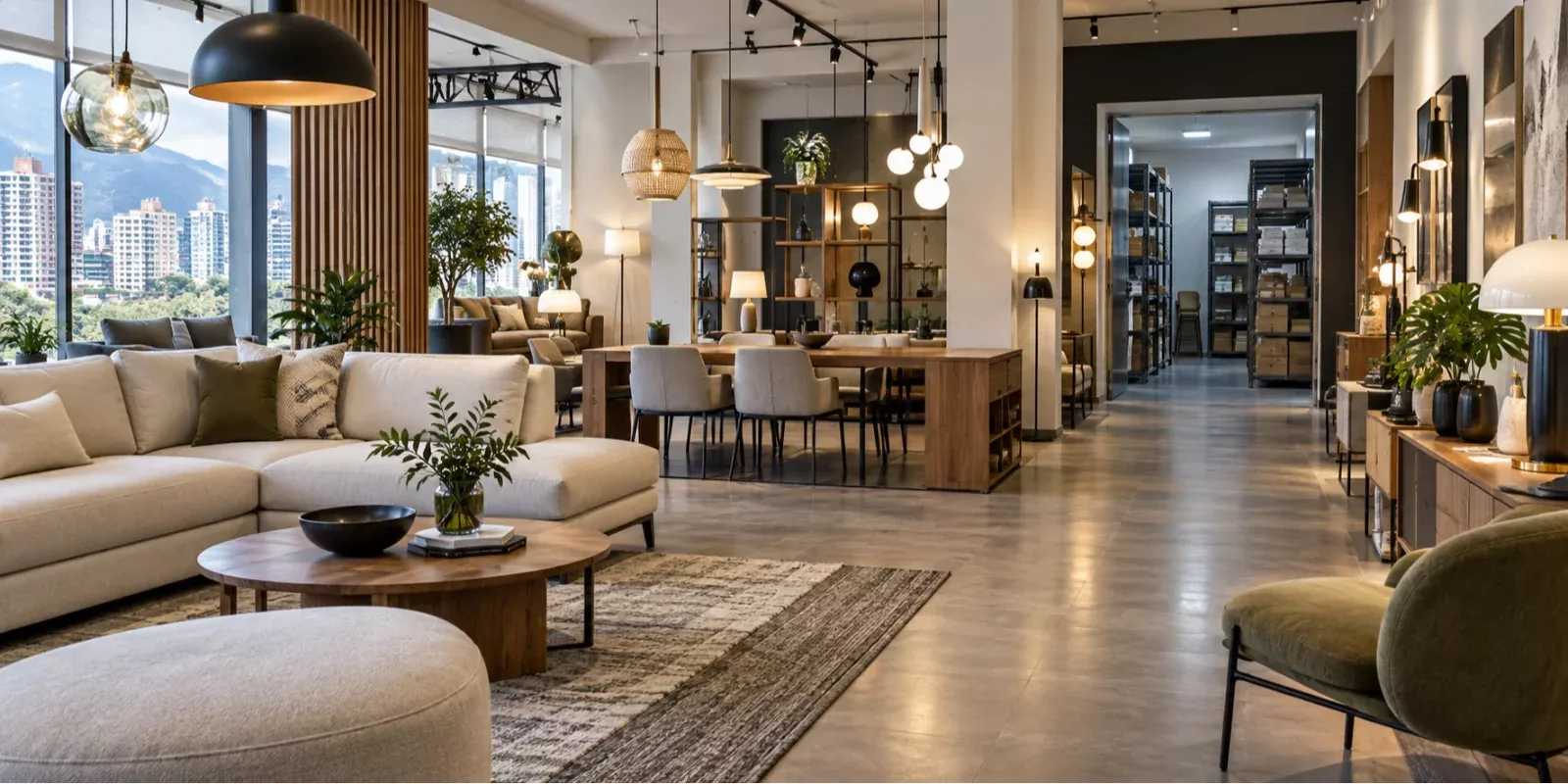 Showroom ilustrativo de muebles y luminarias con mesa de atención y almacenamiento separado.
