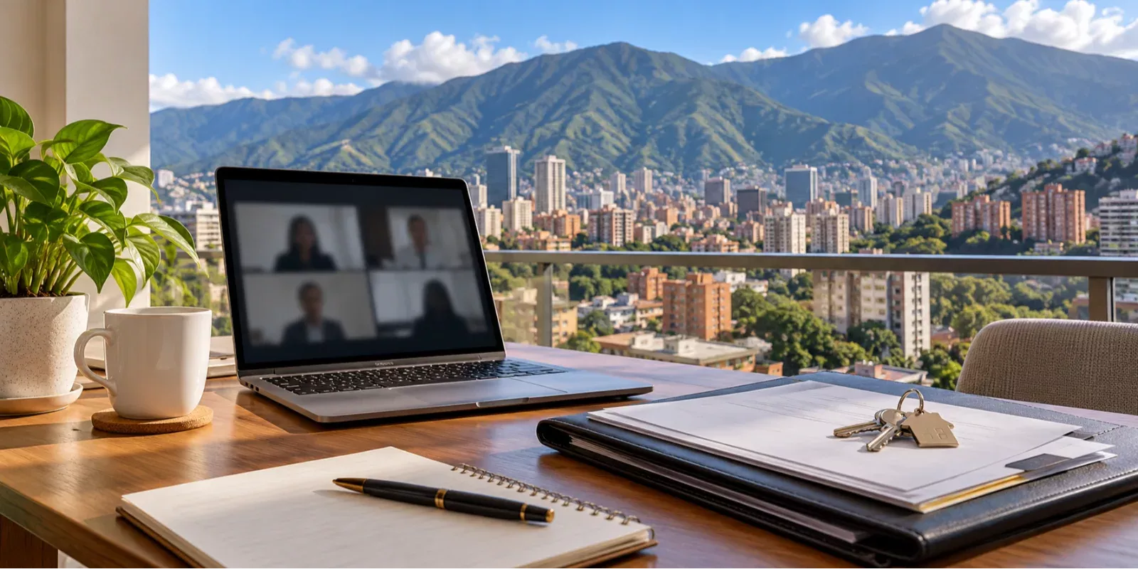 Mesa con documentos, llaves y una videollamada para coordinar una venta inmobiliaria desde el exterior.