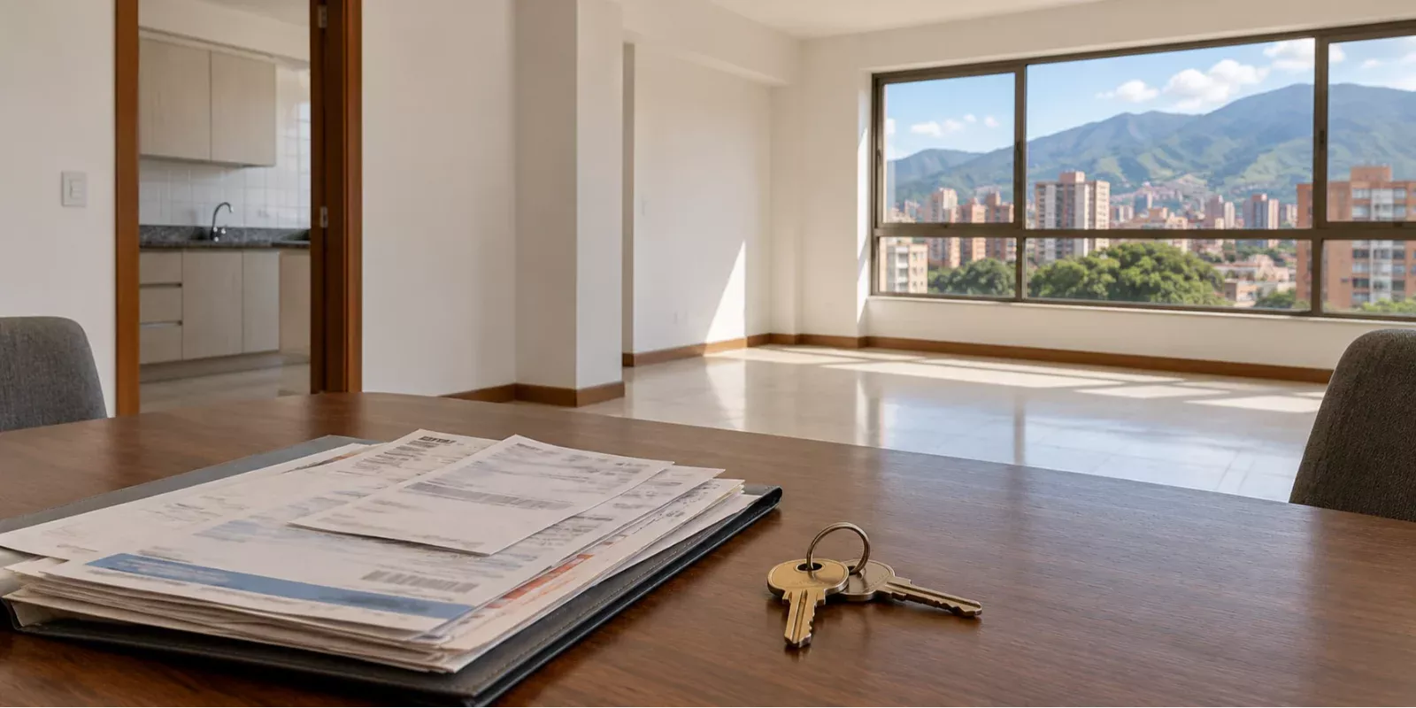 Apartamento vacío con una carpeta de recibos y llaves para revisar sus gastos de mantenimiento.