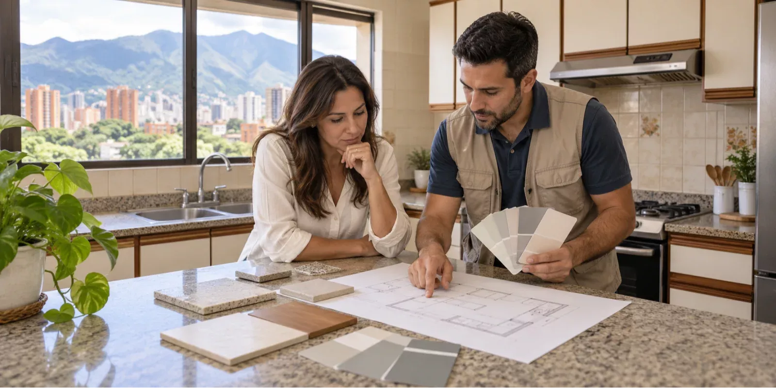 Propietaria y profesional revisando muestras y presupuesto antes de remodelar una cocina para vender.