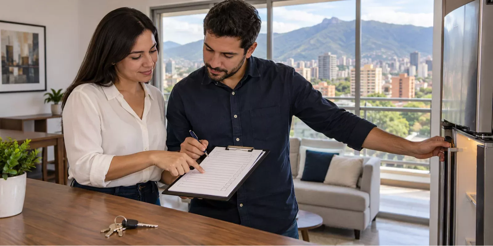 Propietaria e inquilino revisando equipos, llaves y una lista de entrega en una vivienda ilustrativa.
