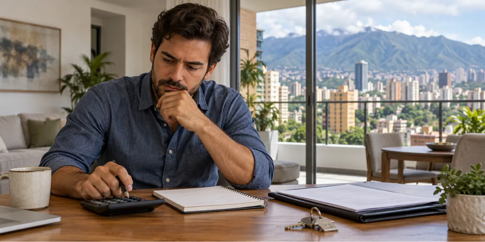 Persona revisando una inversión inmobiliaria con calculadora, documentos y llaves sobre una mesa.