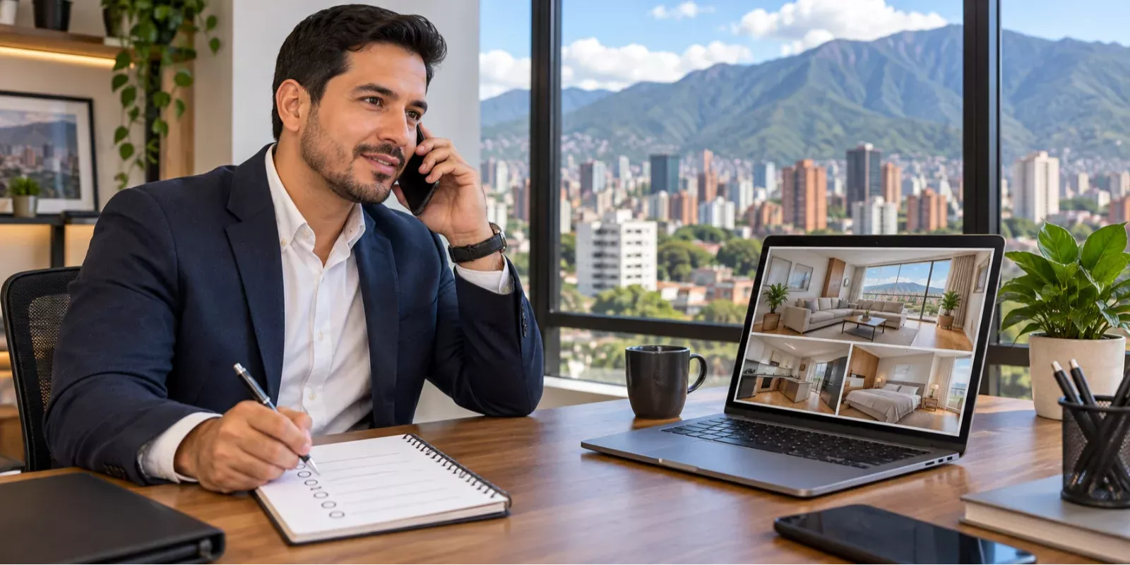 Asesor conversando por teléfono y organizando las necesidades de un interesado antes de agendar una visita.