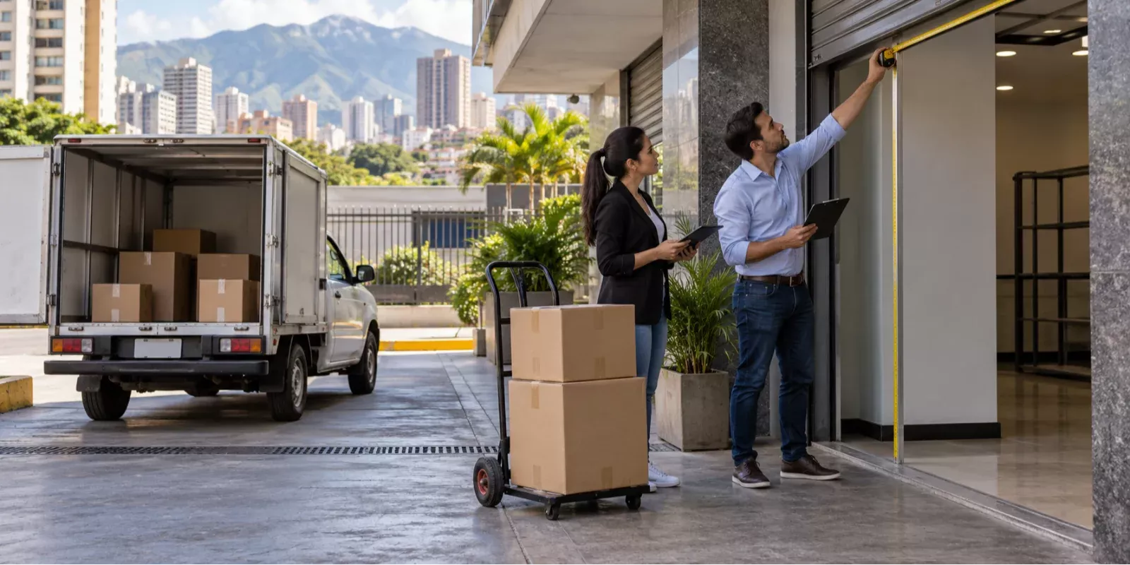 Asesor y emprendedora revisando las dimensiones de la entrada de mercancía de un local comercial ilustrativo.