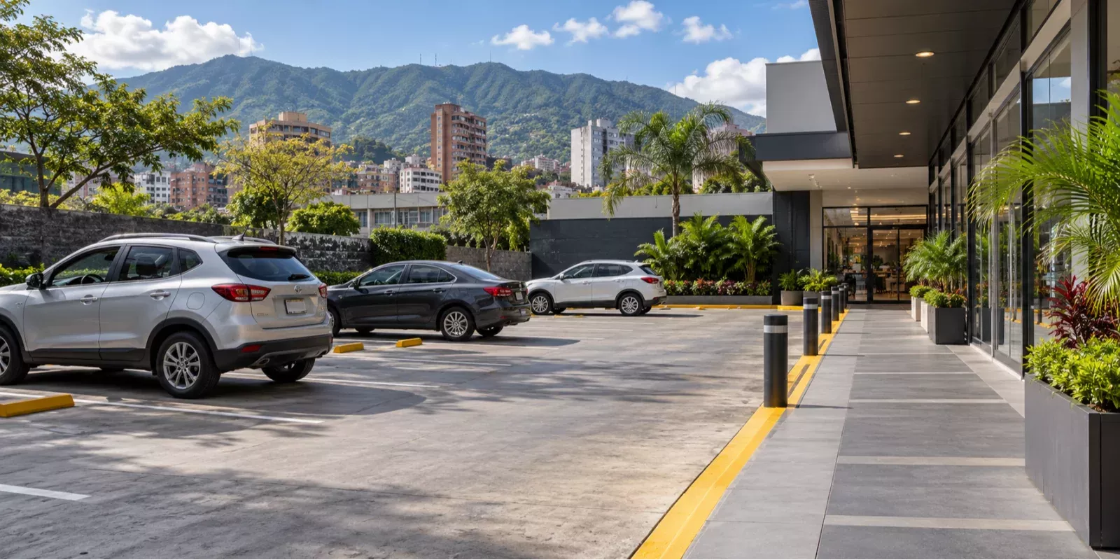 Acceso ilustrativo a estacionamiento de clientes con un recorrido peatonal hacia un local comercial.