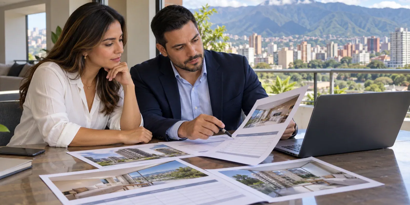 Propietaria y asesor revisando una tabla de seguimiento comercial y fotografías de una vivienda ilustrativa.