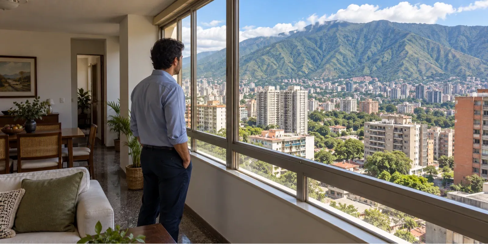 Comprador evaluando la vista y las condiciones de un apartamento en piso alto en Caracas.