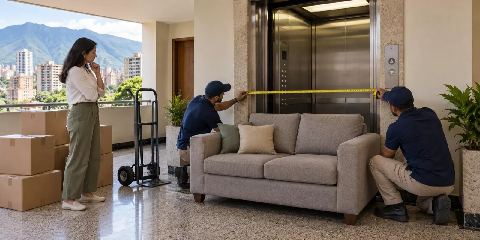 Equipo de mudanza comprobando el espacio de entrada de un ascensor antes de trasladar un sofá.