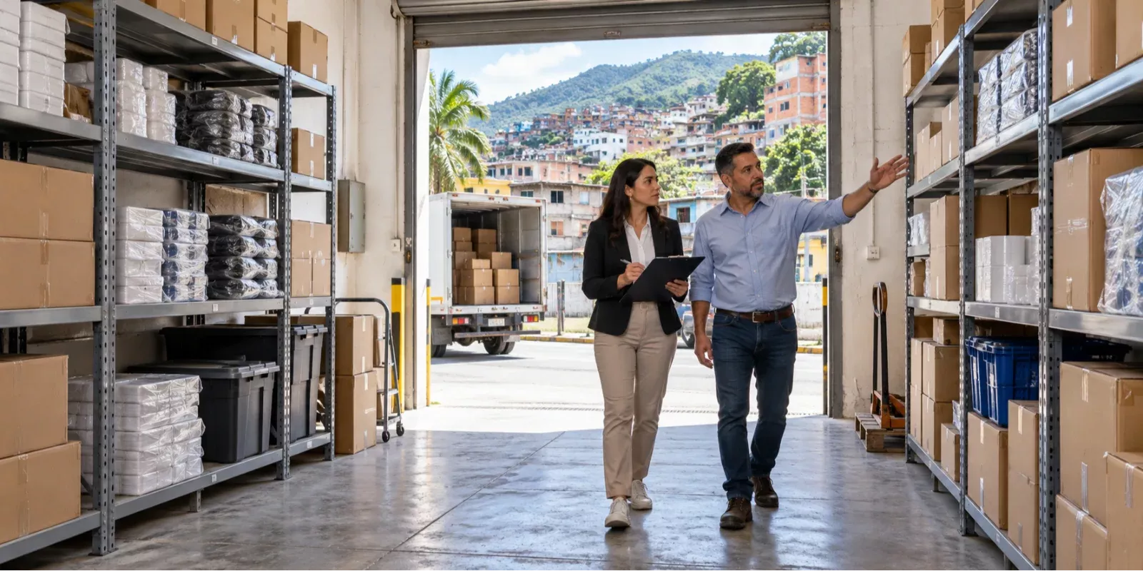 Comerciante y asesor revisando pasillos y estanterías en un depósito comercial de Caracas.